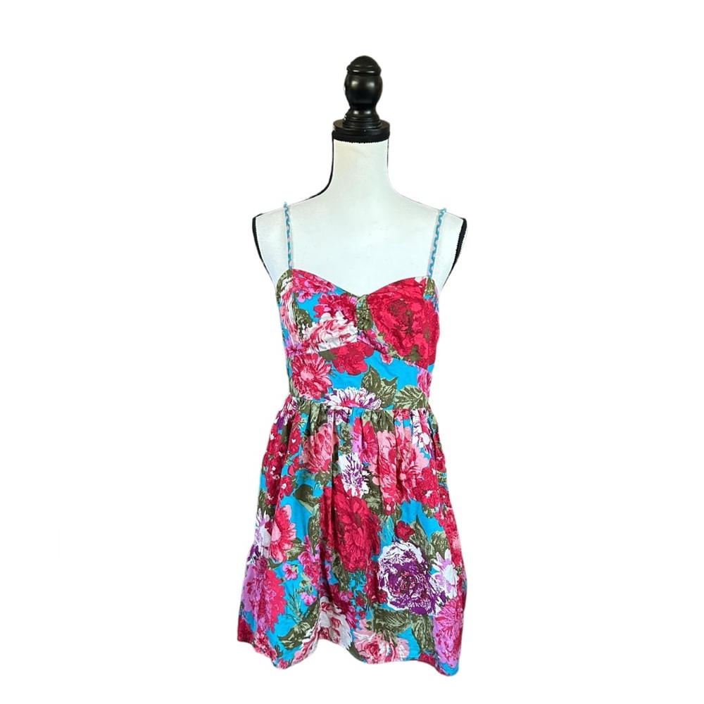 Xhilaration Bright Floral Smocked Mini Dress 100% Cotton Braid Straps Pockets M